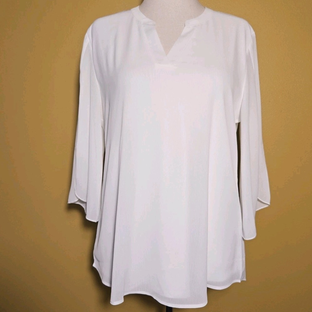 Timeson Sheer V Neck Ivory White Blouse 3/4 Bell Sleeves Tunic V Neck‎ Large EUC